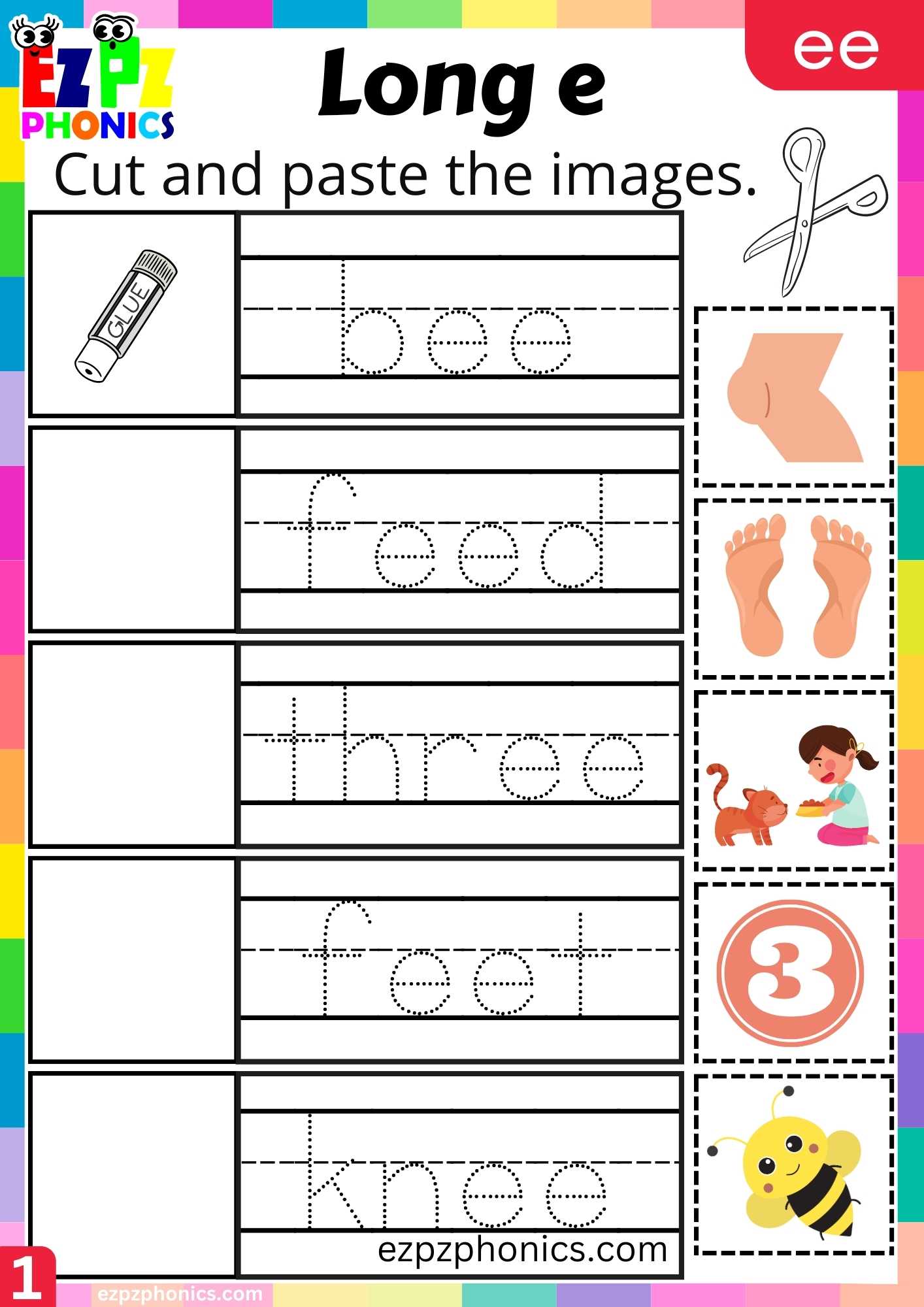 Group1 EE Words Cut And Paste The Images Long E Phonics Worksheet